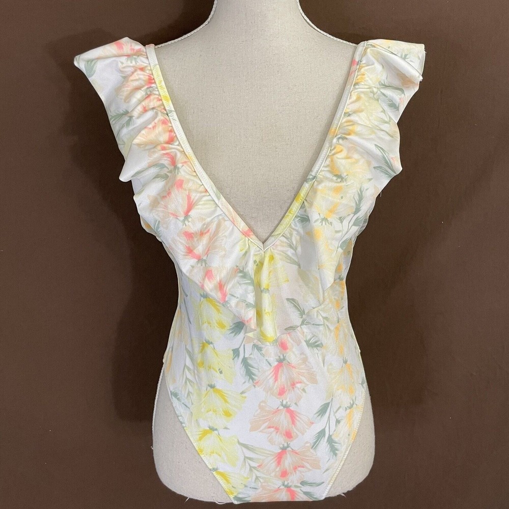 PINK Victorias Secret Yellow Floral Ruffle Deep V One Piece Swim Suit MEDIUM NEW - Picture 1 of 6